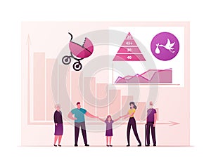 Decreasing Birth Rate, Fertility and Population Control Concept. Family with Child, Stroller and Declining Bar Graph