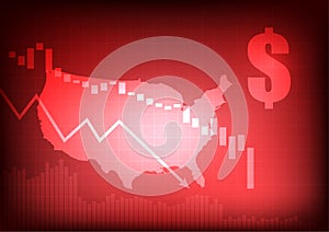 Decreasing business graph with dollar sign and usa map