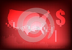 Decreasing business graph with dollar sign and usa map