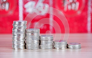 Decreasing euro coins in front of red envelope. The Chinese characters in the picture mean `happiness` and `good luck`