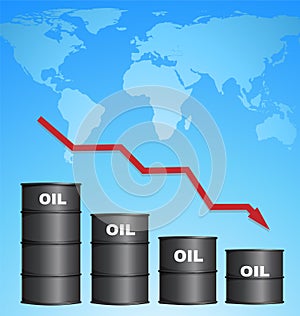Decreasing Price of Oil With World Map Background, Oil Price Concept photo