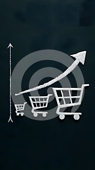 Decreasing shopping carts, rising arrow on sales graph against dark background