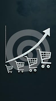 Decreasing shopping carts, rising arrow on sales graph against dark background