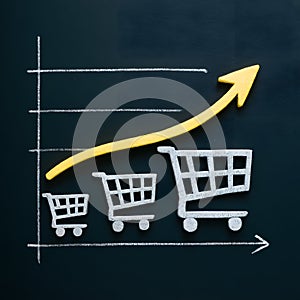 Decreasing shopping carts, rising arrow on sales graph against dark background