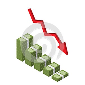 Decreasing stack of isometric money with red arrow