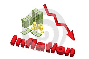 Decreasing value of money effect from inflation with down arrow