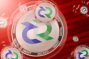 Decred crash, bubble. Decred DCR cryptocurrency coins in a bubbles on the binary code background photo