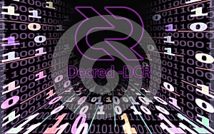 Decred DCR cryptocurrency. binary code tunnel on black background photo