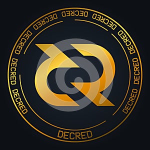 Decred DCR cryptocurrency golden symbol on black background. photo