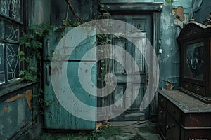 A decrepit refrigerator stands in a shabby room, hinting at neglect and abandonment