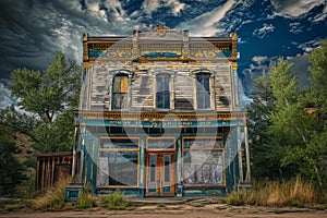 Decrepit vintage storefront under moody skies