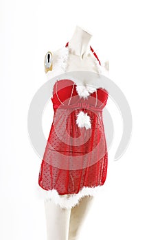 Ded christmas santa Babydoll lingerie on mannequin full body shop display. Woman fashion styles, clothes on white studio back