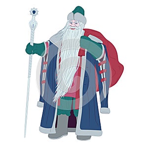 Ded Moroz with bag behind his back and staff.