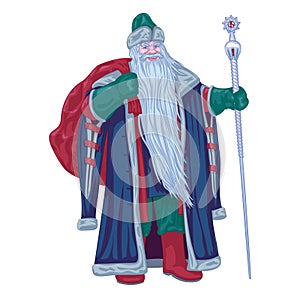 Ded Moroz with bag behind his back and staff.