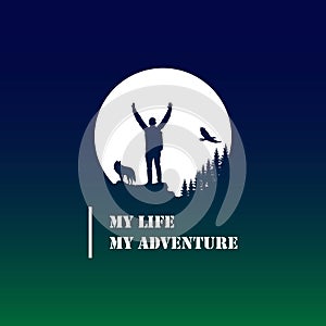 Adventure Man Wolf Eagle Pine Tree Forest Silhouette