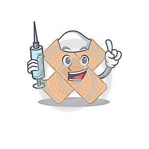 A dedicate cross bandage nurse mascot design with a syringe