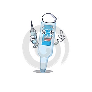 A dedicate digital thermometer nurse mascot design with a syringe