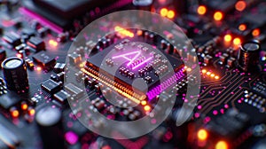 dedicated AI microchip on electric circuit board, artificial intelligence technology and GPU cloud computing concept