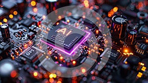 dedicated AI microchip on electric circuit board, artificial intelligence technology and GPU cloud computing concept