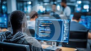 A dedicated black male software developer collaborates in a modern office setting, focused on coding alongside a diverse