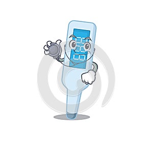 A dedicated digital thermometer doctor caricature design working with tools