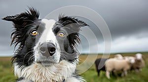 Dedicated farm dog attentively guarding a flock of sheep in the expansive pasture