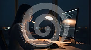 Dedicated Female Programmer Working Late at Night