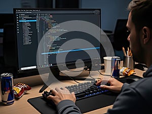 Focused programmer coding on computer in dark office