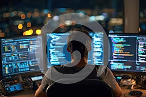 Dedicated Programmer Surrounded by Technology at Night