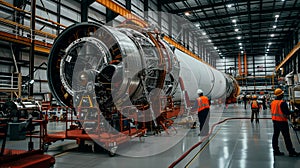 Dedicated rocket engineers meticulously assembling spacecraft in aerospace factory