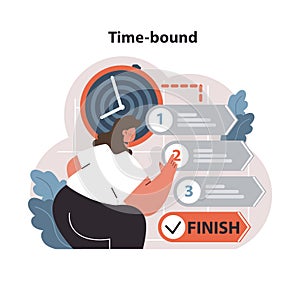 Dedicated worker navigating Time-bound in SMART goals. Flat vector illustration