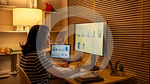 Dedicated Young Woman Studying Online Late at Night in Her Home Office