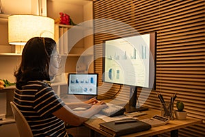 Dedicated Young Woman Studying Online Late at Night in Her Home Office