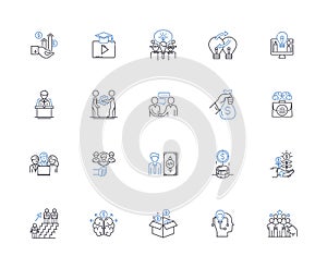 Dedication line icons collection. Commitment, Perseverance, Loyalty, Tenacity, Hardworking, Focused, Devotion vector and