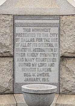 Dedication on statue at Turner Park in Oak Cliff donated in 1915 by Reverend George W. Owens.