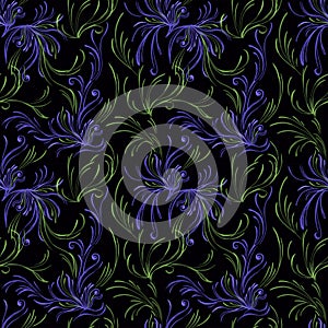 Deep abstract pattern, floral elements on black background.