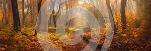 Deep Autumn forest and leaves fall on ground. Golden fall landscape or autumnal background with smoky sunlight and rays