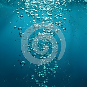 Clear bubbles float upward against serene deep blue background