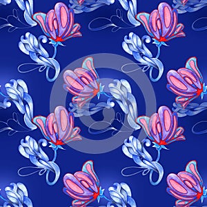 Deep blue background,pink flowers