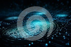 Deep blue background showcases fingerprint scan and binary code security