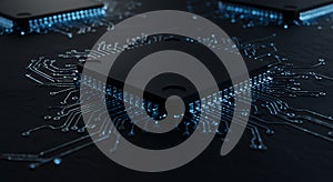 Dark microchip array with glowing blue connections