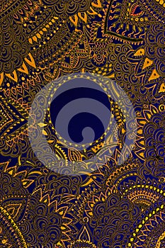 Deep blue circle and backdrop with colorful floral patterns in black and gold. Abstract digital art.