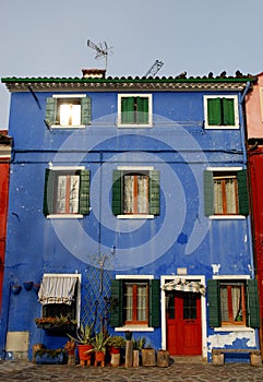 Deep blue color house in Burano in the municipality of Venice in Italy