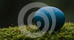 A macro shot of a single deep blue Easter egg resting on a soft bed of moss. AI