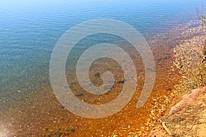 Deep blue lake water with a brown tint and pollen on top of the water at Lake Horton Park