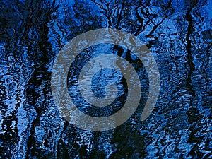Deep blue rippling water surface with reflections of bare trees and sky