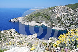 Deep blue sea bay with springtime flowers in Zakynthos