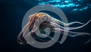 Deep blue sea life Octopus tentacles swim among coral reef generated by AI