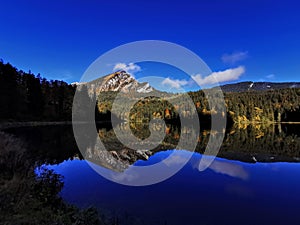 Deep blue Swiss lake mirroring mountain