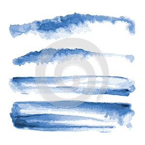 Deep blue watercolor shapes, splotches, stains, paint brush strokes. Abstract watercolor texture backgrounds set. photo